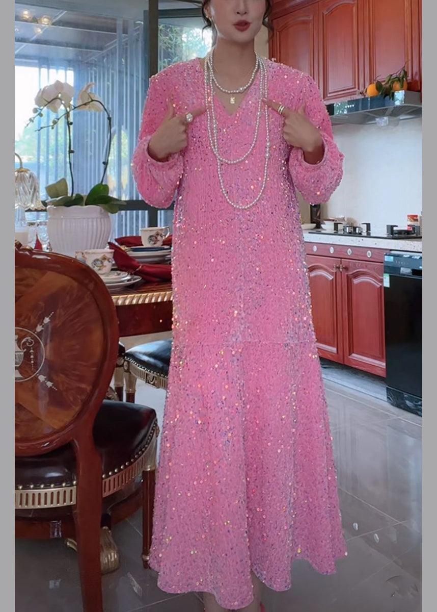 Sequin Deep V-Neck Long Sleeve Balloon Sleeve A-Line Maxi Dress