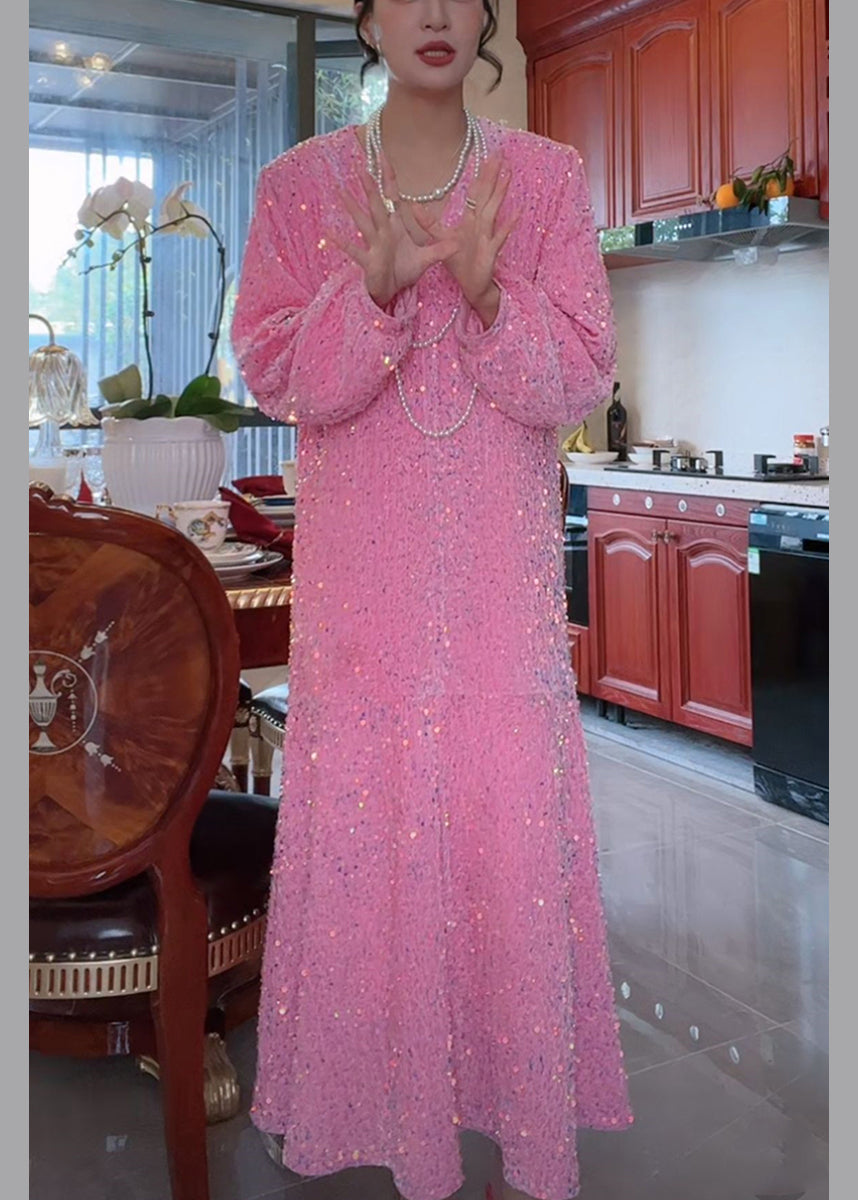 Sequin Deep V-Neck Long Sleeve Balloon Sleeve A-Line Maxi Dress