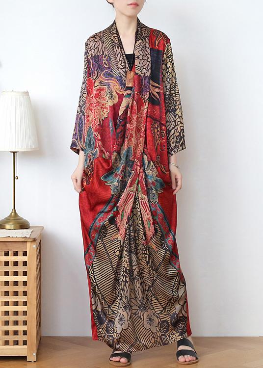 Floral V-Neck Long Sleeve Chiffon Kaftan Maxi Dress