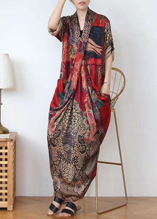Floral V-Neck Long Sleeve Chiffon Kaftan Maxi Dress
