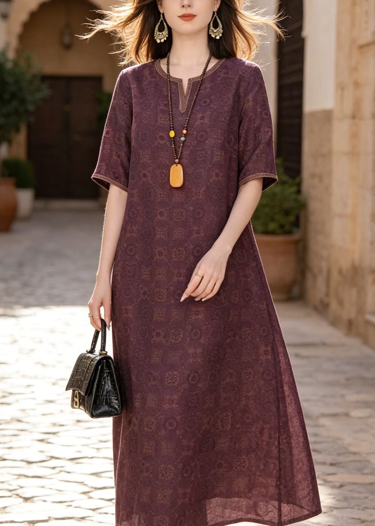 Geometric Print Split Neck Short Sleeve Relaxed A-Line Maxi Dress