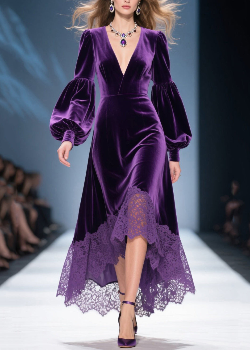 Velvet Deep V-Neck Bishop Sleeve Lace Trim High Low Midi Dress
