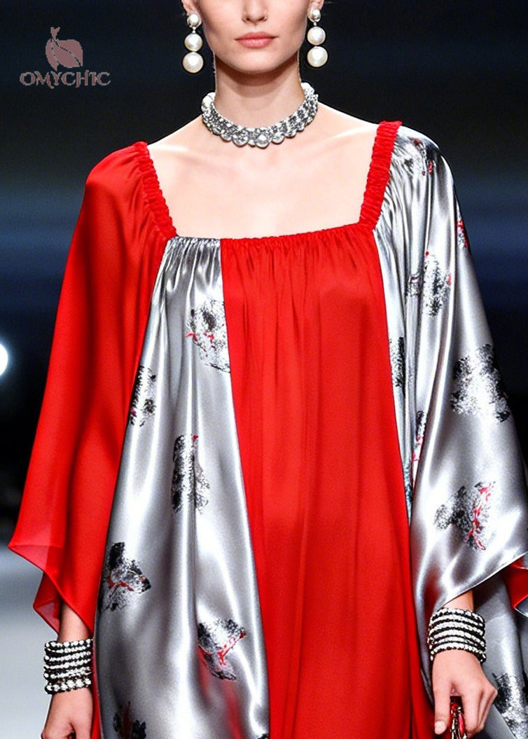 Classy Red Asymmetrical Patchwork Chiffon Maxi Dress Summer - View 2