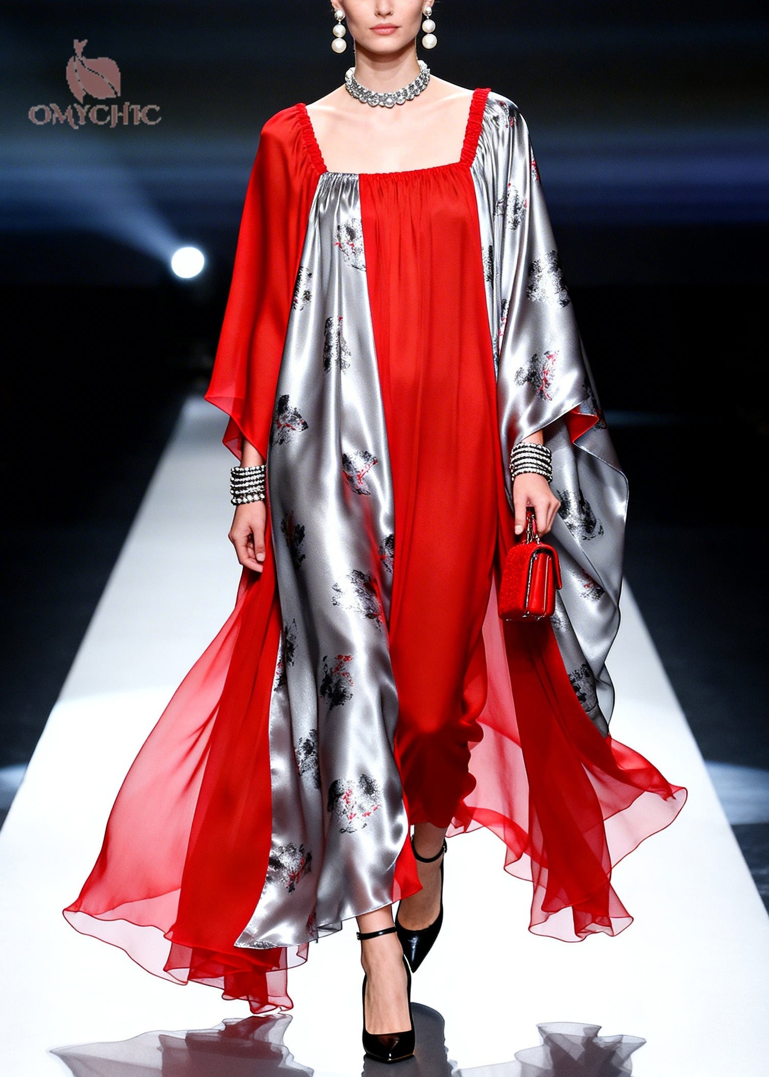 Classy Red Asymmetrical Patchwork Chiffon Maxi Dress Summer - View 5