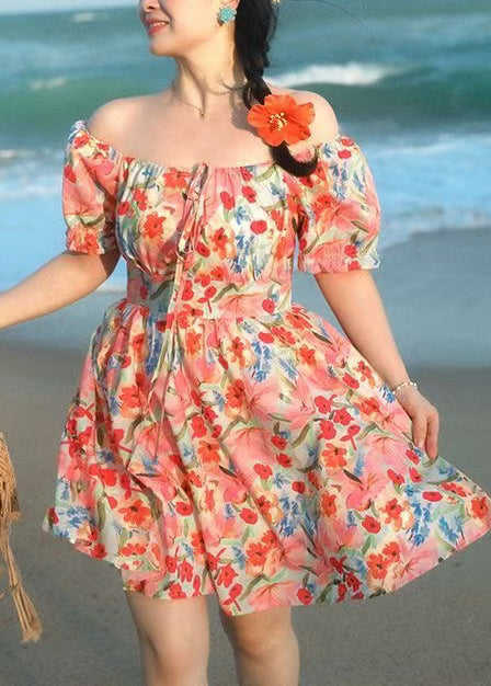 Classy Red Cold Shoulder Print Cotton Vacation Dress Summer