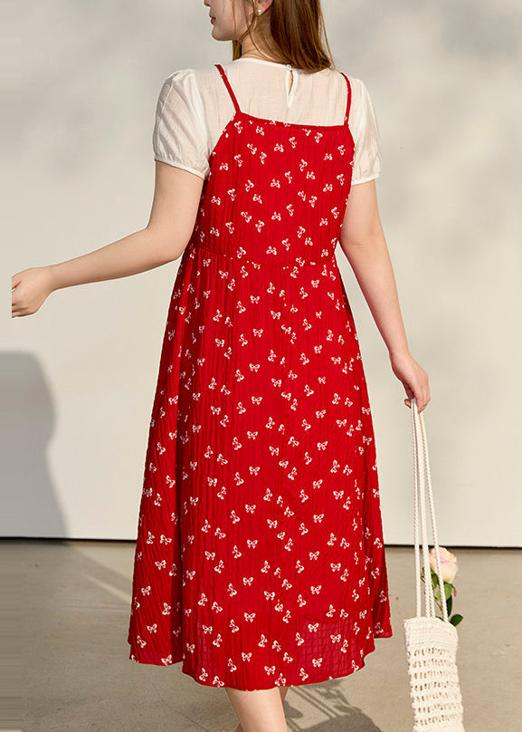 Floral Print Crinkle Texture Faux Two Piece Puff Sleeve Midi Dress