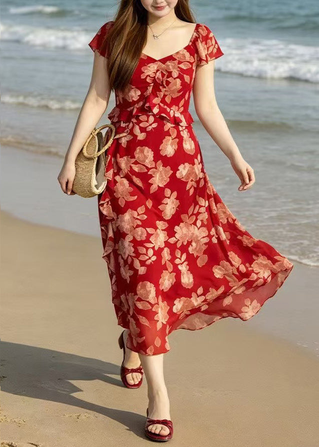 Floral Sweetheart Short Sleeve Ruffle A-Line Midi Summer Dress