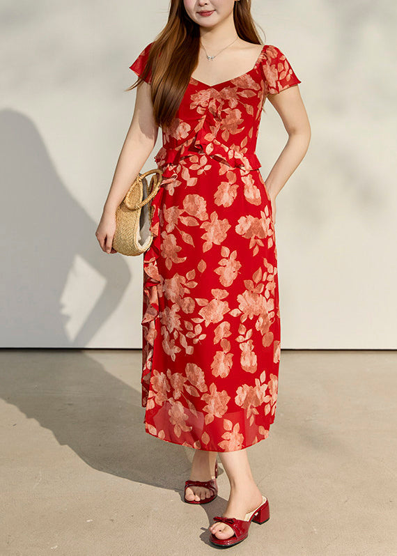 Classy Red Ruffled Print Chiffon Holiday Dress Summer
