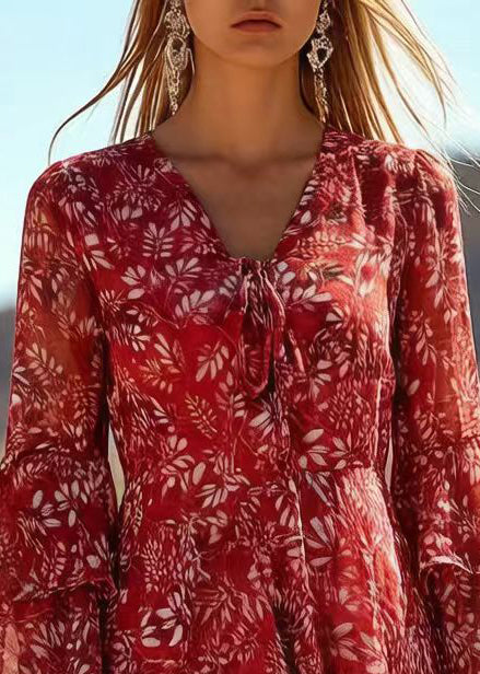 Floral V-Neck Bell Sleeve Tie Front Chiffon Mini Dress