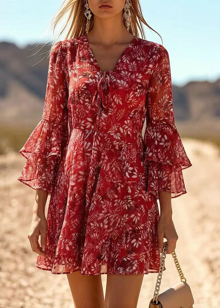 Floral V-Neck Bell Sleeve Tie Front Chiffon Mini Dress