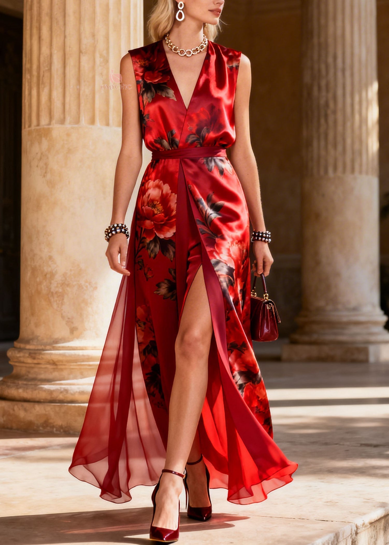 Floral Print Deep V-Neck Belted Chiffon Panel High Split Maxi Gown