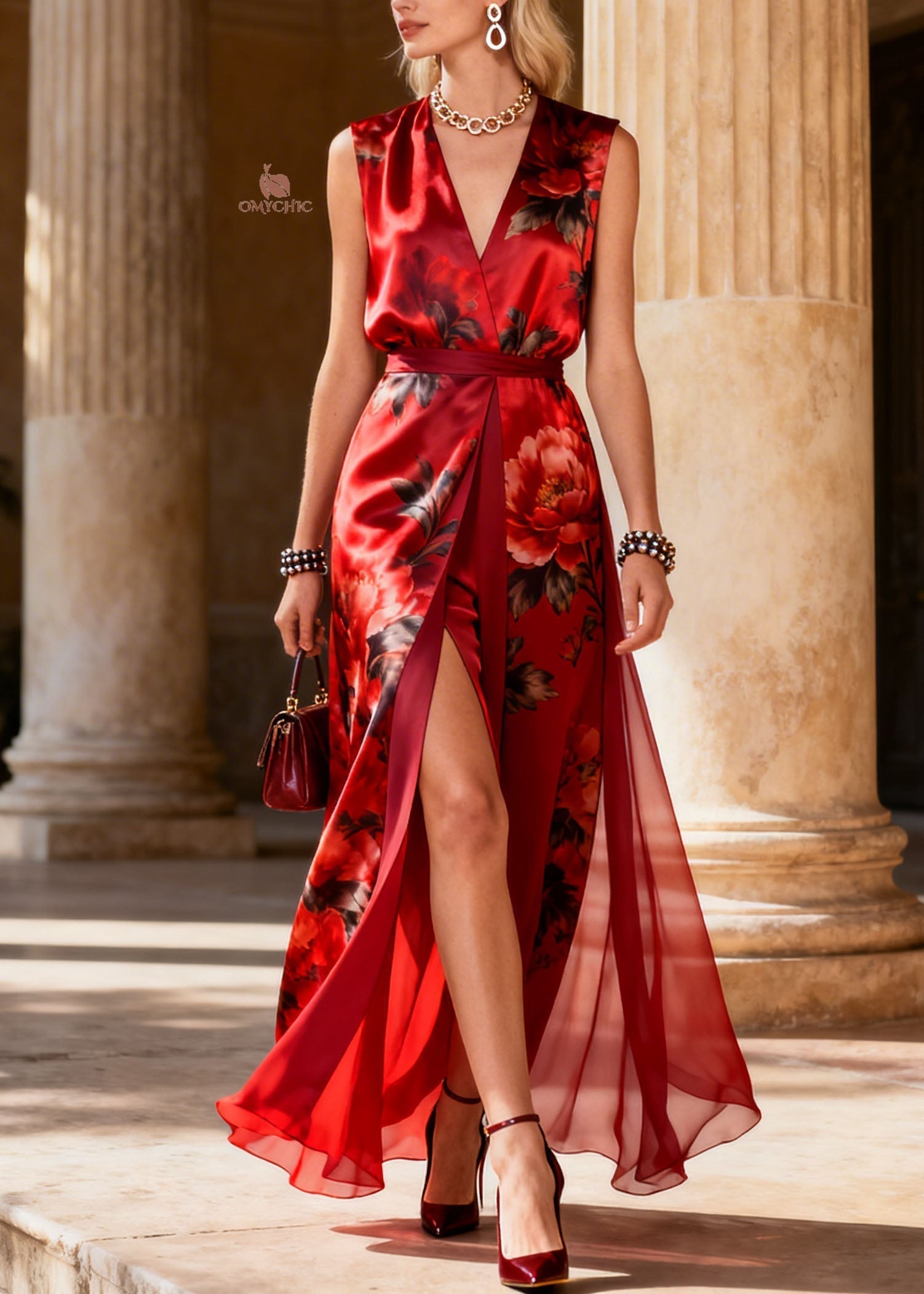 Floral Print Deep V-Neck Belted Chiffon Panel High Split Maxi Gown
