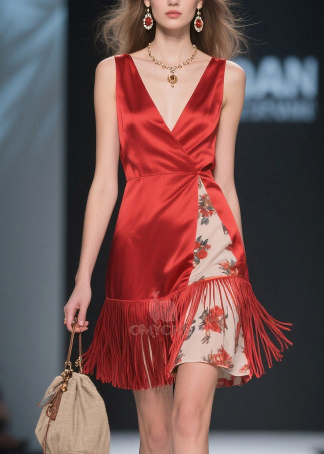 Deep V-Neck Wrap Sleeveless Print Panel Fringe Trim Asymmetrical Mini Dress