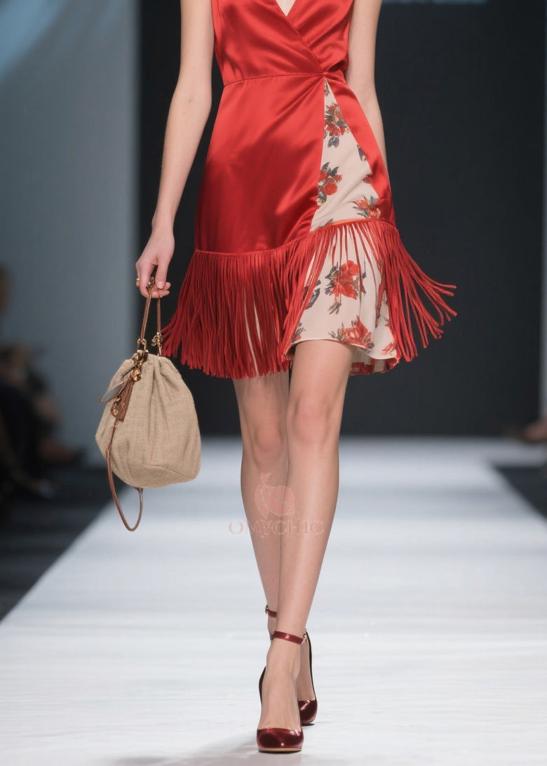 Deep V-Neck Wrap Sleeveless Print Panel Fringe Trim Asymmetrical Mini Dress