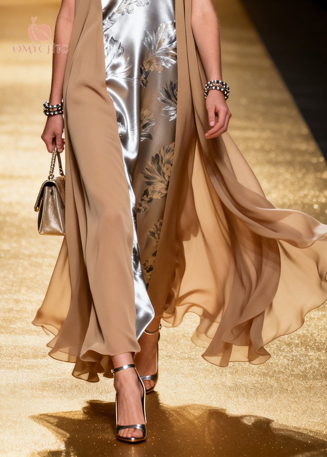 Jacquard Floral Print Satin V-Neck Maxi Faux Two Piece Dress with Sheer Chiffon Vest
