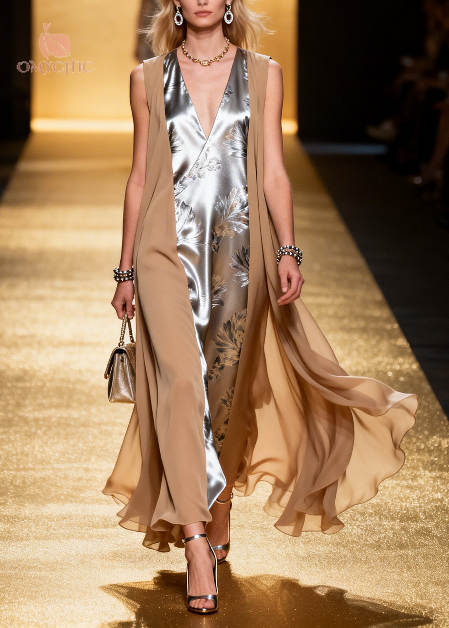 Jacquard Floral Print Satin V-Neck Maxi Faux Two Piece Dress with Sheer Chiffon Vest