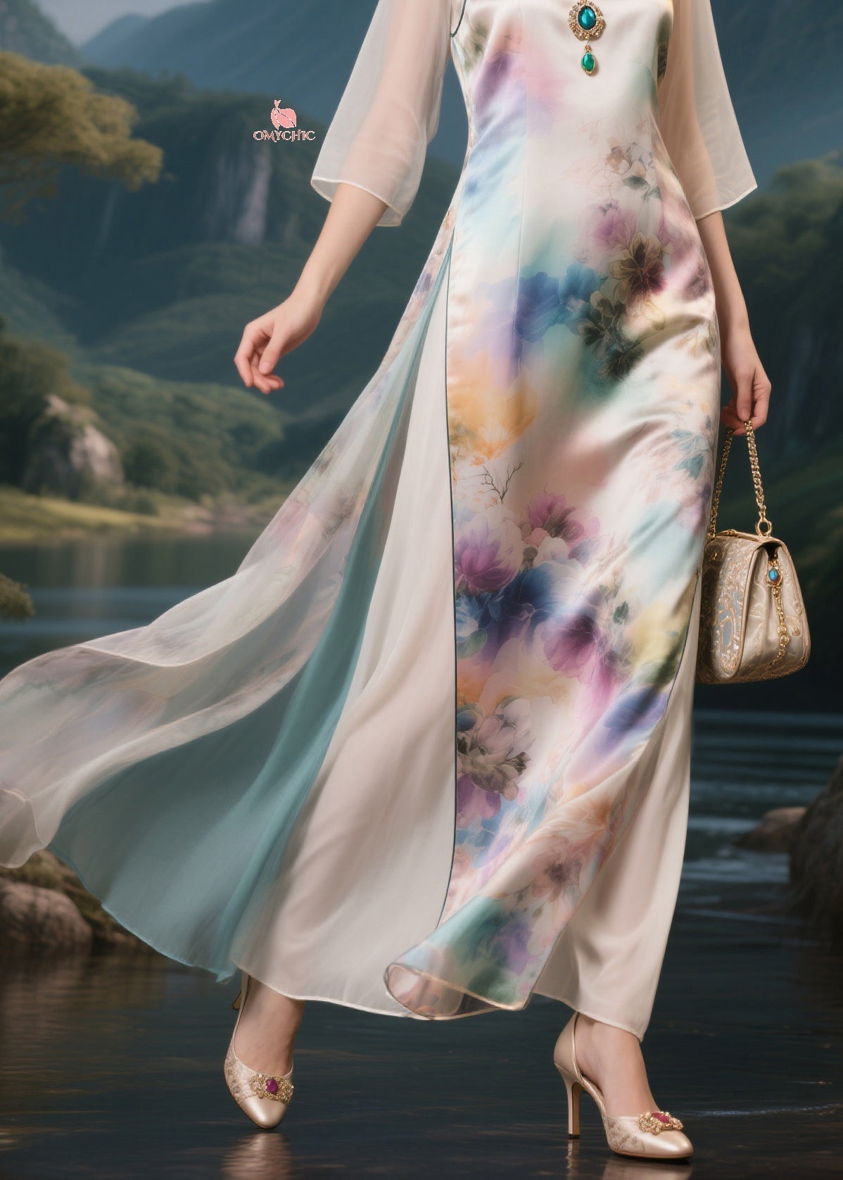 Floral Print Mandarin Collar Frog Button Bell Sleeve High Split Layered Chiffon Maxi Dress