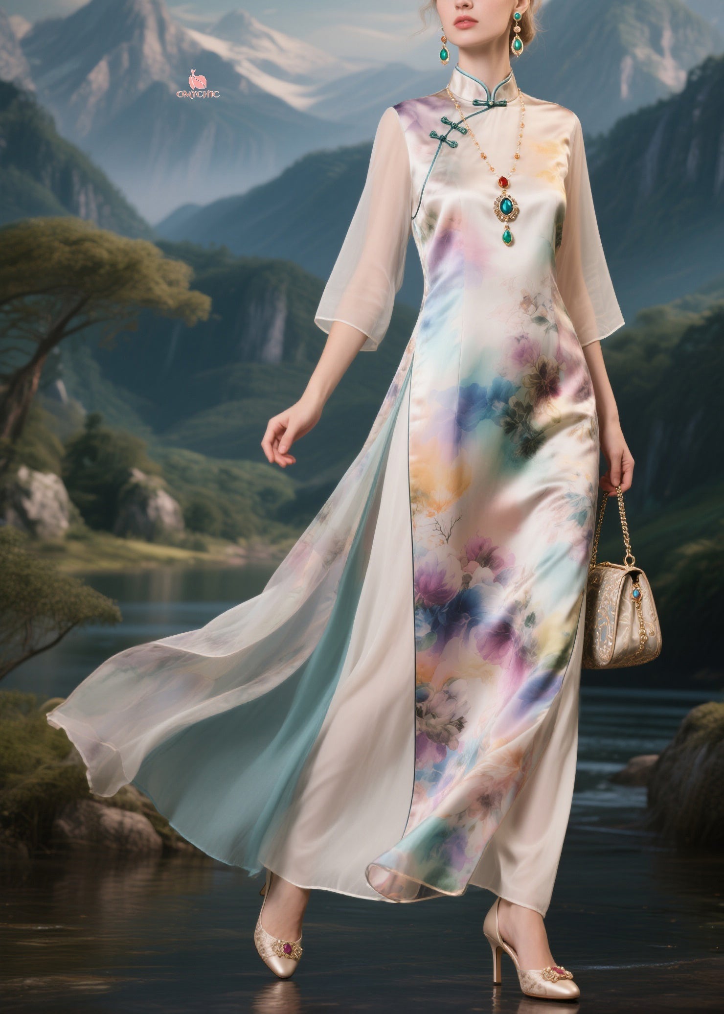 Floral Print Mandarin Collar Frog Button Bell Sleeve High Split Layered Chiffon Maxi Dress