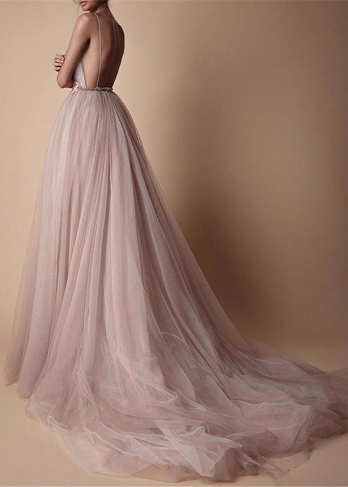 Classy V Neck Floral Tulle Spaghetti Strap Dress Summer 2