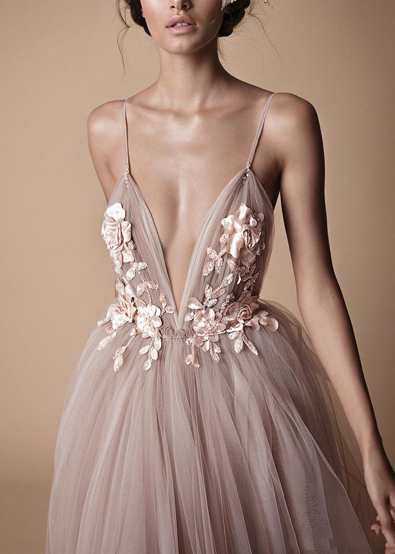 Classy V Neck Floral Tulle Spaghetti Strap Dress Summer 3