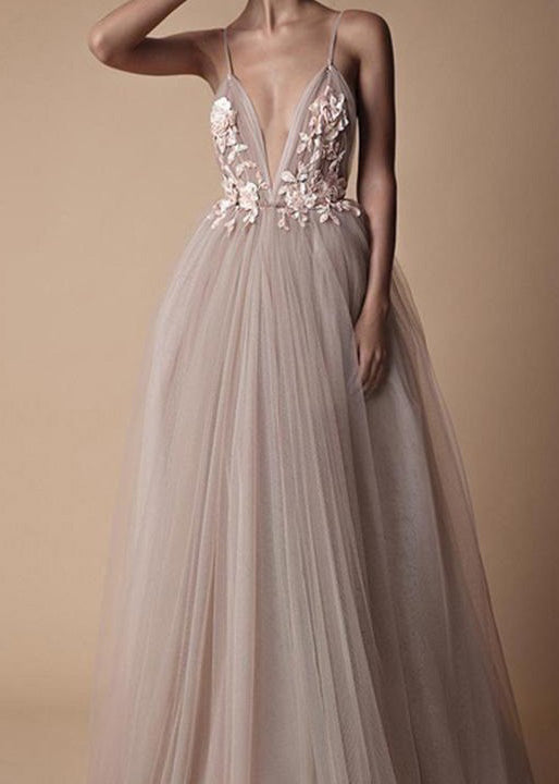 Classy V Neck Floral Tulle Spaghetti Strap Dress Summer 4