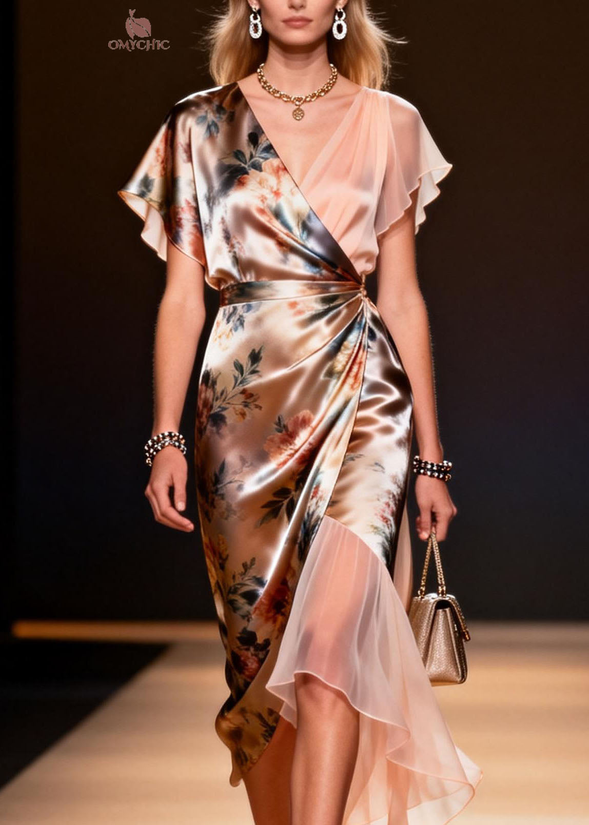 Satin Floral Wrap V-Neck Flutter Sleeve Sheer Panel Asymmetrical Midi Dress