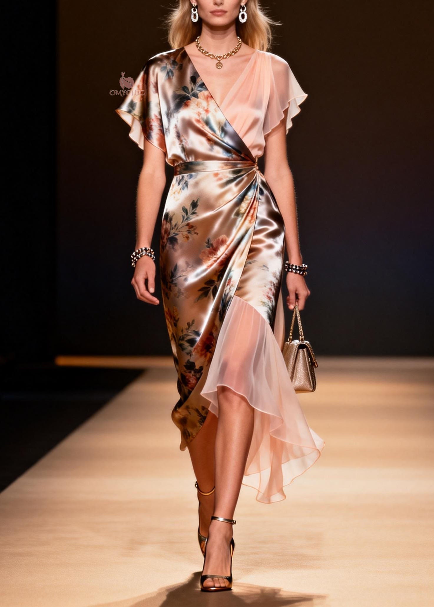Satin Floral Wrap V-Neck Flutter Sleeve Sheer Panel Asymmetrical Midi Dress