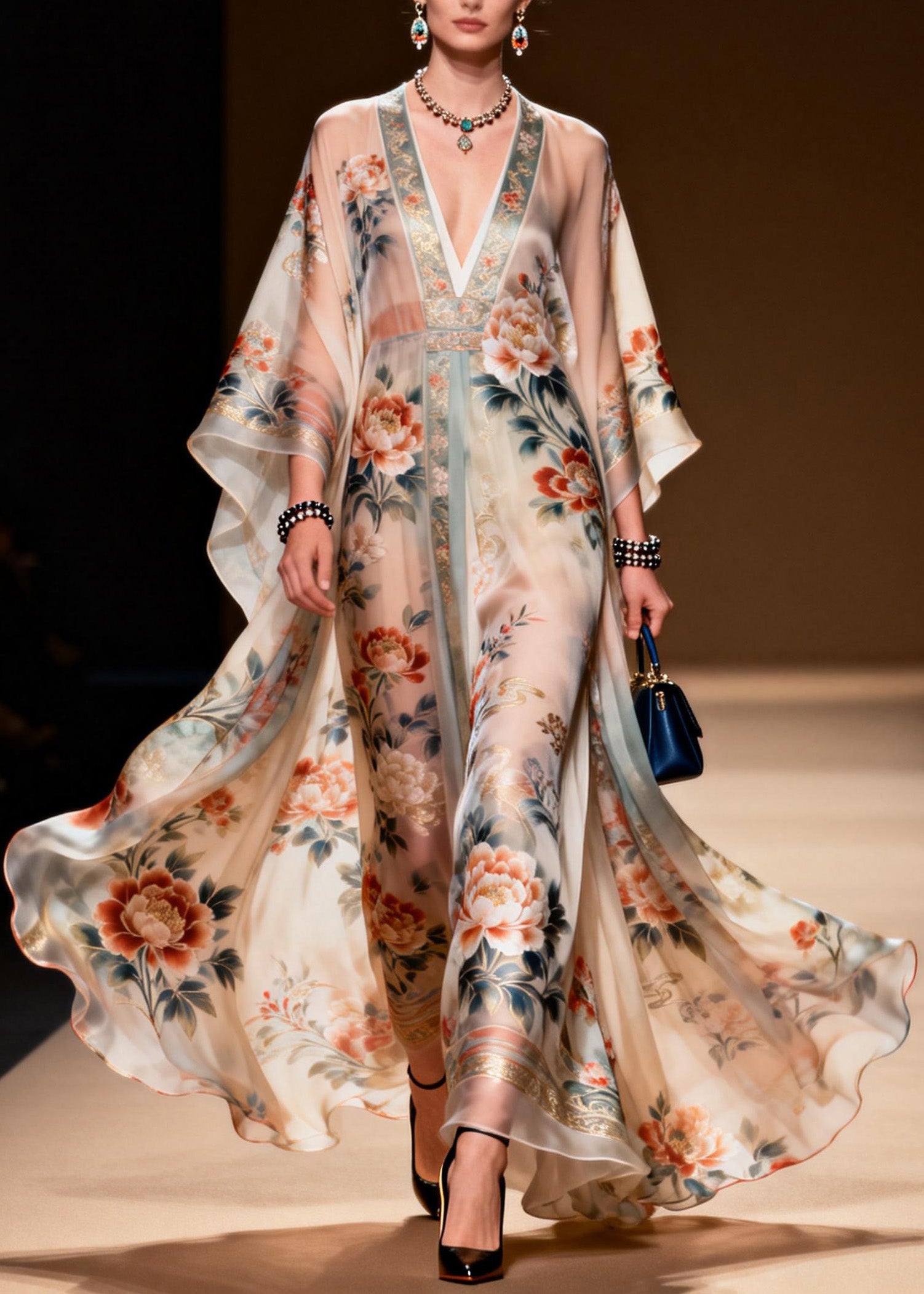 Floral Print Lace Trim Deep V-Neck Cape Sleeve Kaftan Maxi Gown