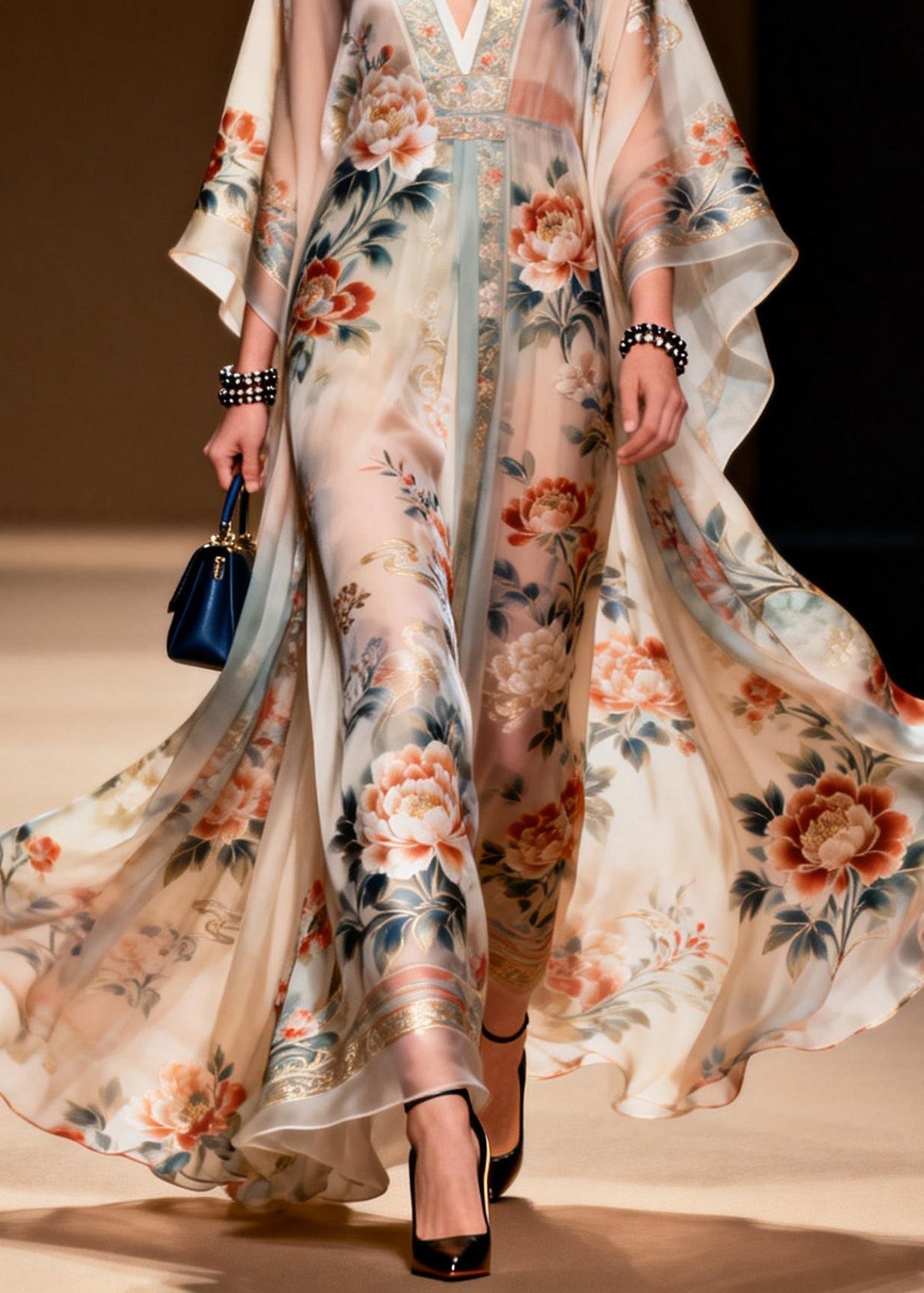 Floral Print Lace Trim Deep V-Neck Cape Sleeve Kaftan Maxi Gown