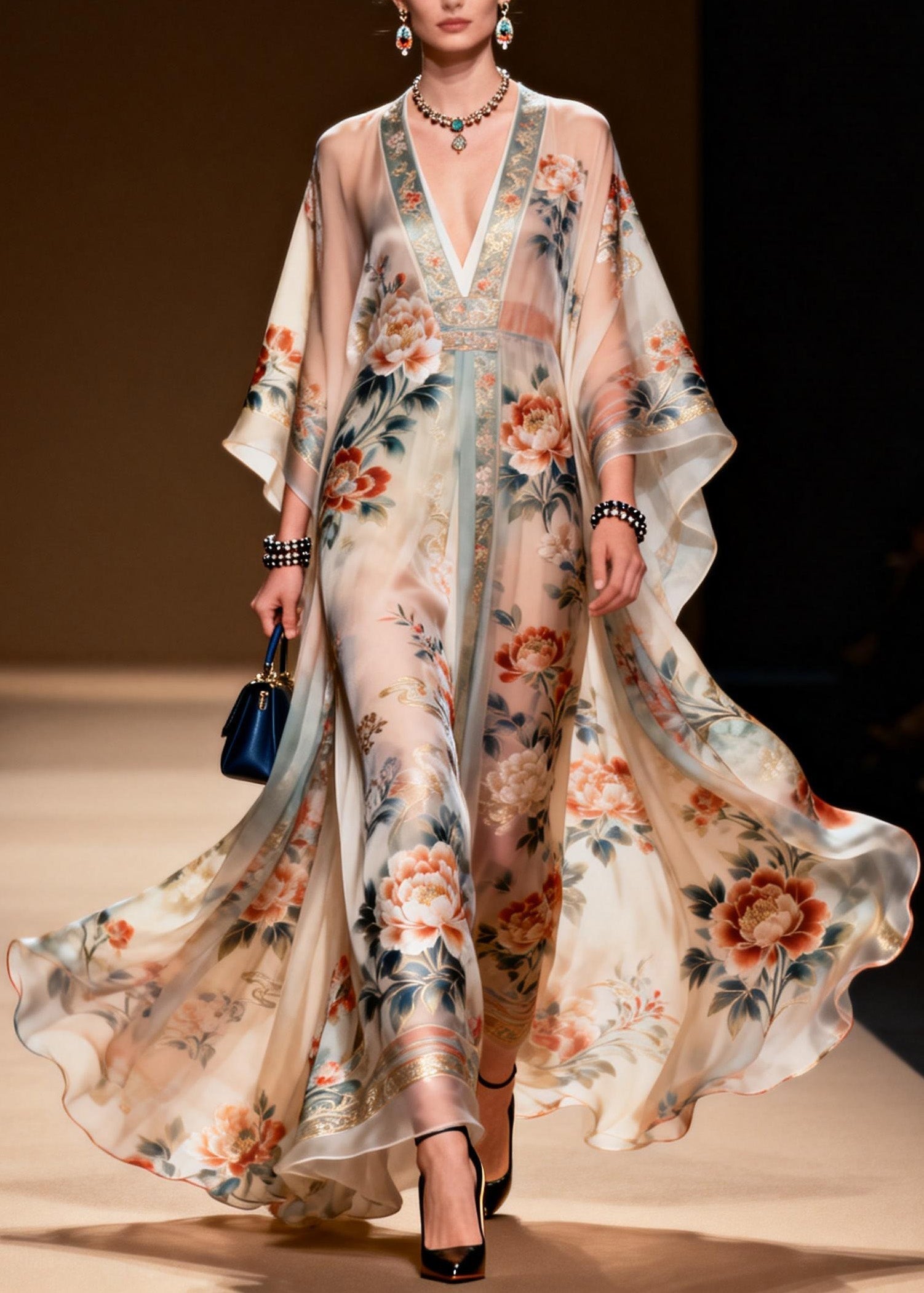 Floral Print Lace Trim Deep V-Neck Cape Sleeve Kaftan Maxi Gown
