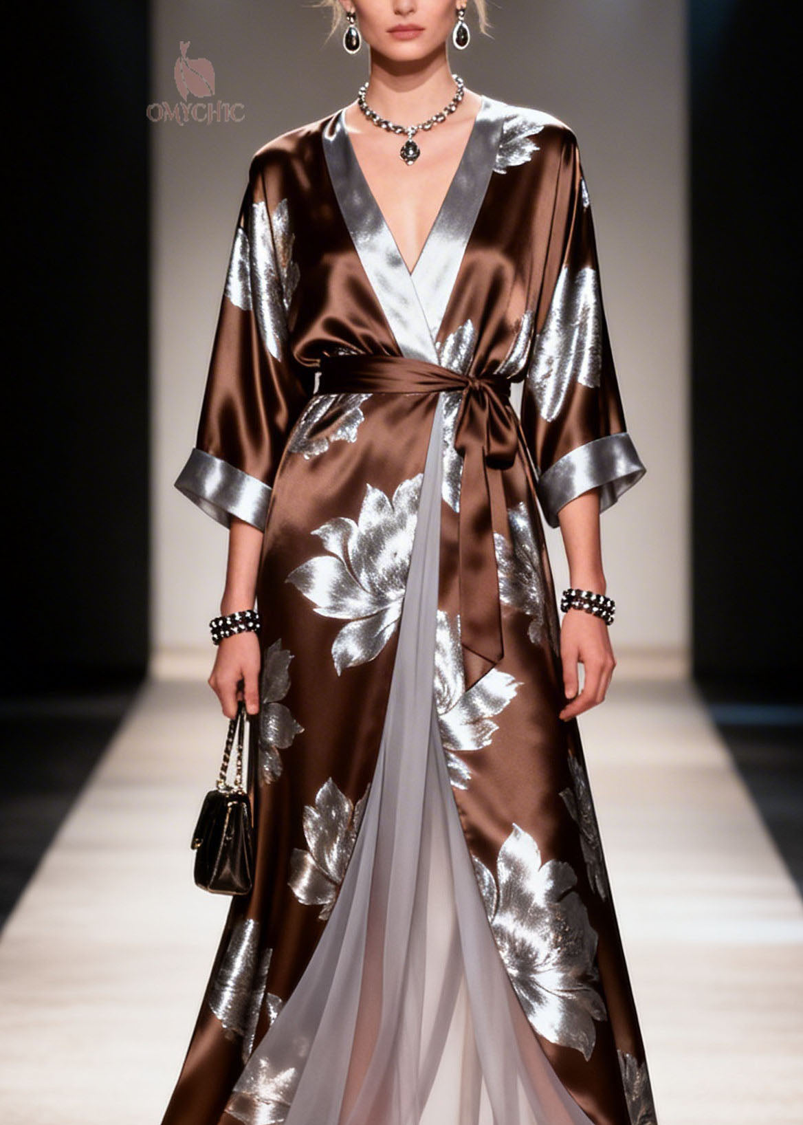 Deep V-Neck Wrap Kimono Sleeve Metallic Floral Pleated Chiffon Maxi Gown