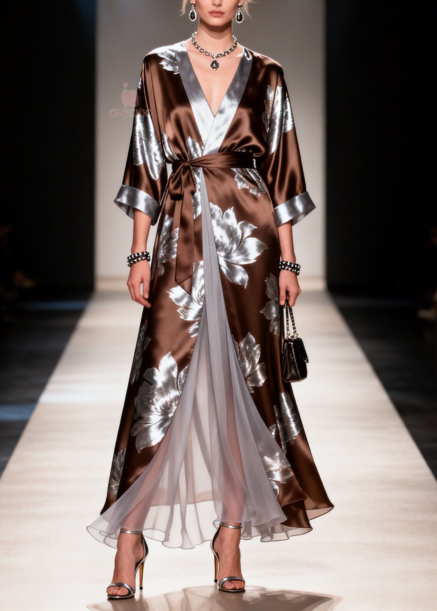Deep V-Neck Wrap Kimono Sleeve Metallic Floral Pleated Chiffon Maxi Gown