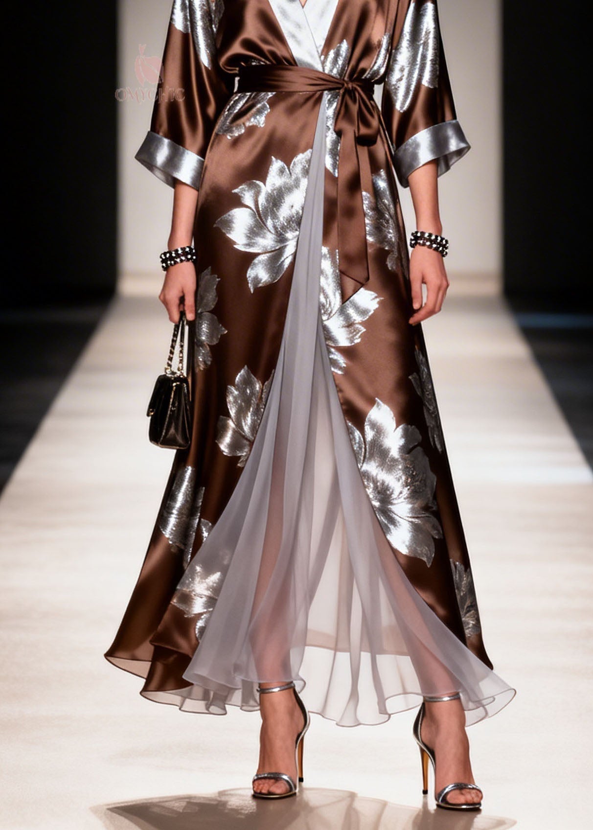 Deep V-Neck Wrap Kimono Sleeve Metallic Floral Pleated Chiffon Maxi Gown