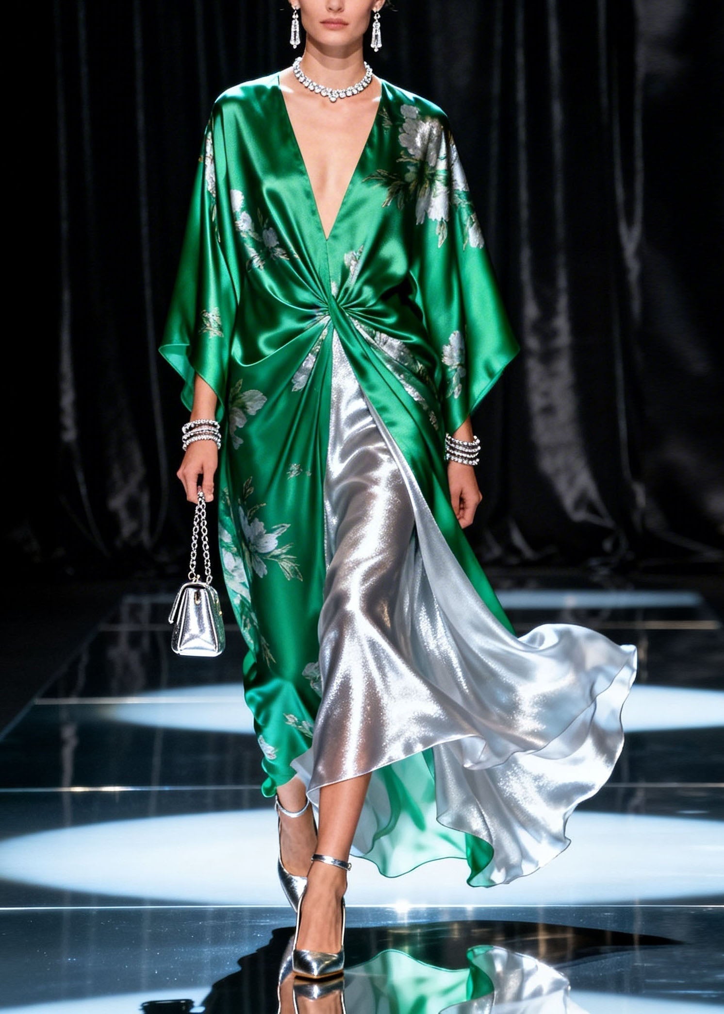 Floral Print Deep V-Neck Kimono Sleeve Wrap Layered Metallic Maxi Gown