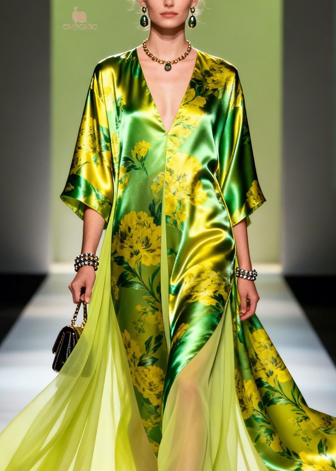 Floral Print Satin Deep V-Neck Wide Sleeve High Split Maxi Gown - View 2