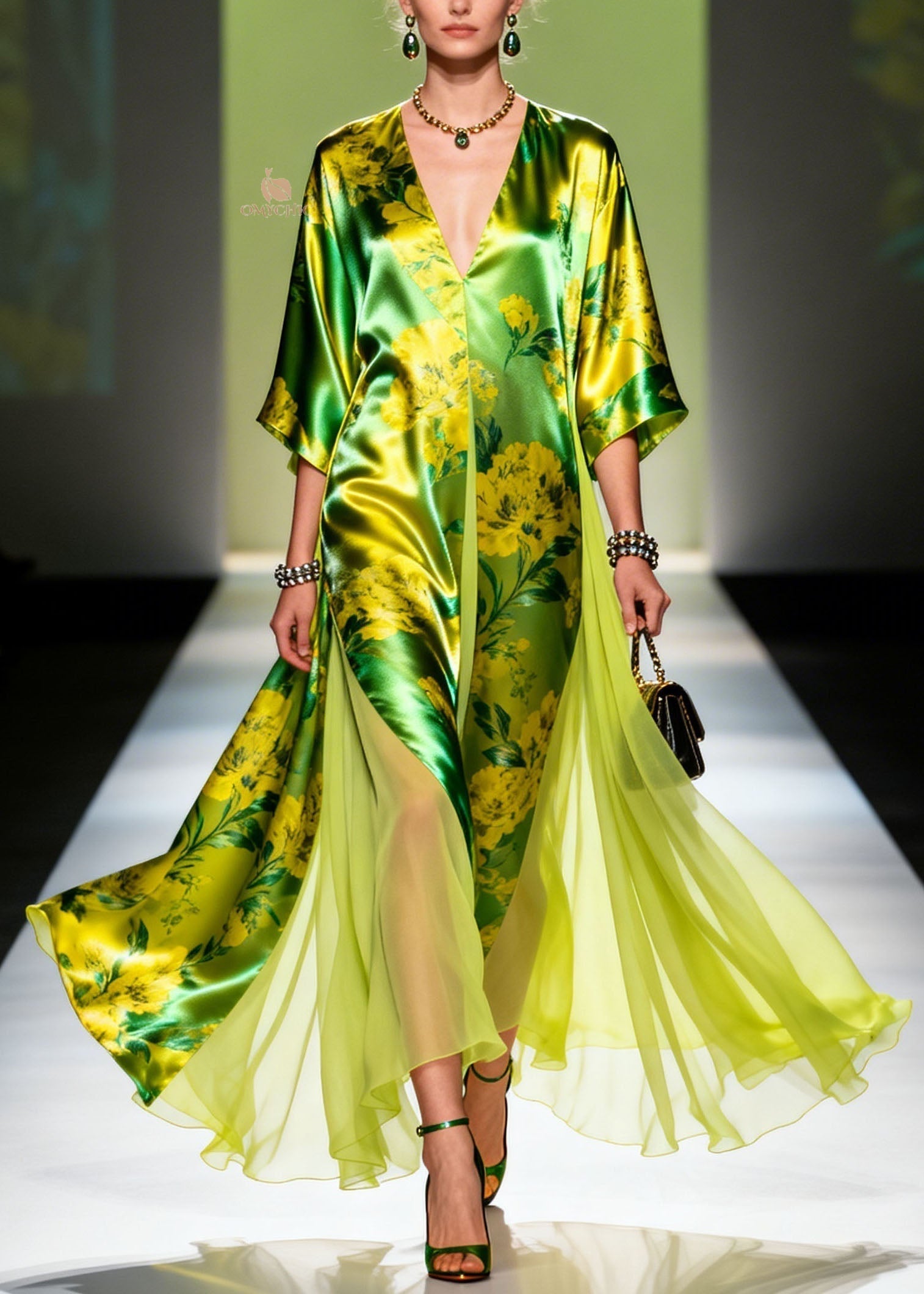 Floral Print Satin Deep V-Neck Wide Sleeve High Split Chiffon Panel Maxi Gown