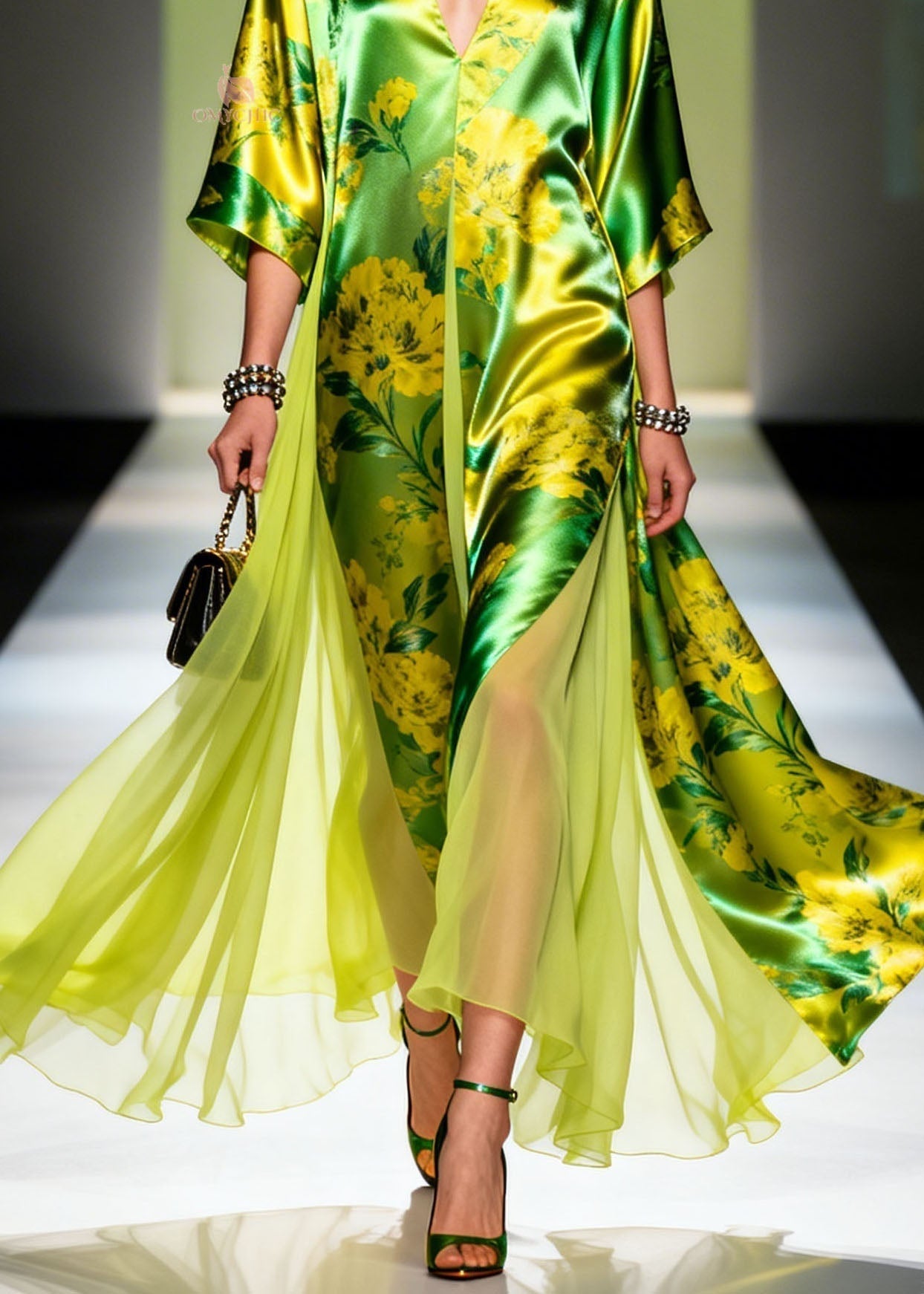 Floral Print Satin Deep V-Neck Wide Sleeve High Split Chiffon Panel Maxi Gown