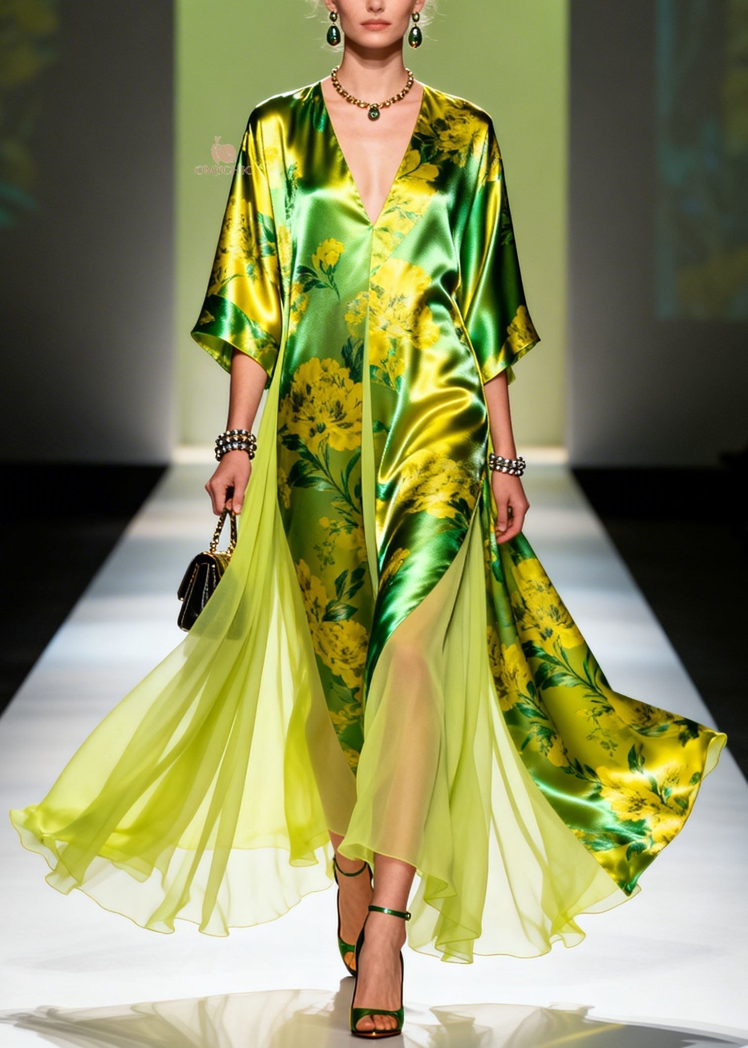 Floral Print Satin Deep V-Neck Wide Sleeve High Split Chiffon Panel Maxi Gown