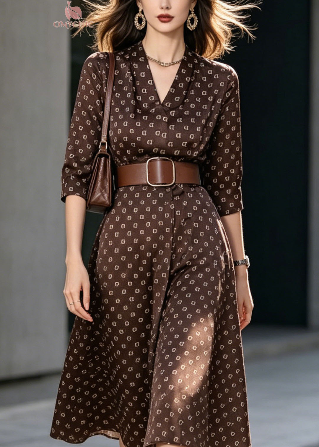 Geometric Print Notched Lapel V-Neck Three Quarter Sleeve Belted A-Line Midi Dress