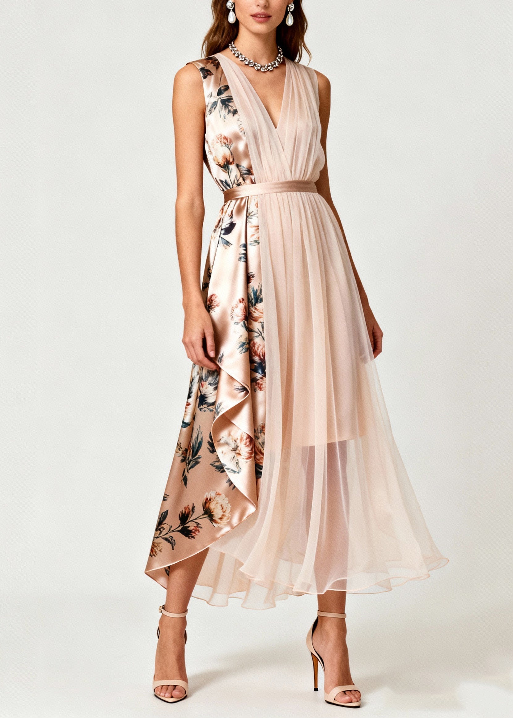 Floral Print V-Neck Sleeveless Pleated Tulle Patchwork Midi Dress