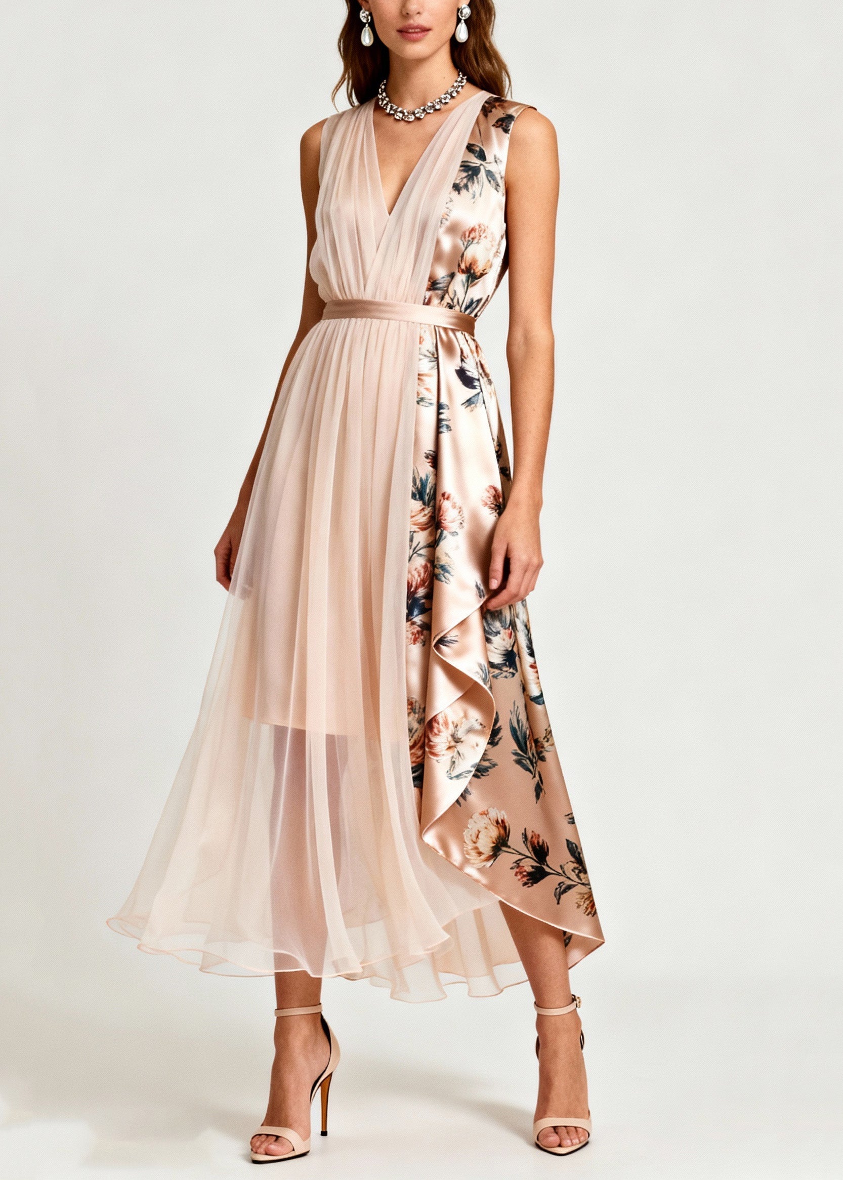 Floral Print V-Neck Sleeveless Pleated Tulle Patchwork Midi Dress