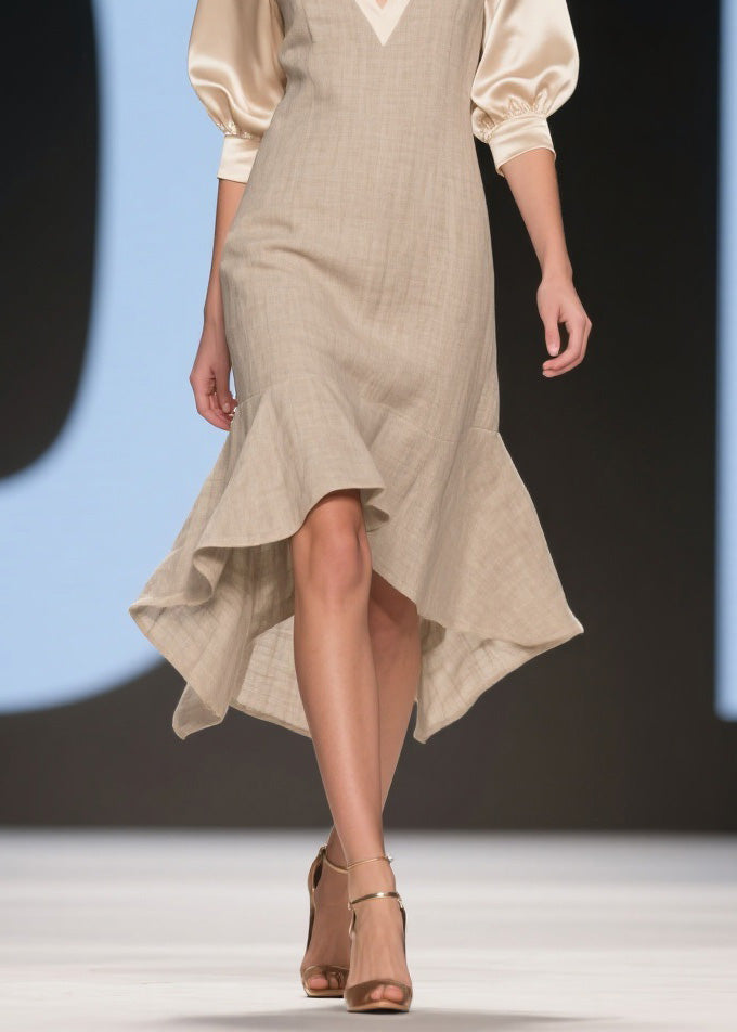 Deep V-Neck Puff Sleeve Woven Bodycon Asymmetrical Ruffle Hem Midi Dress