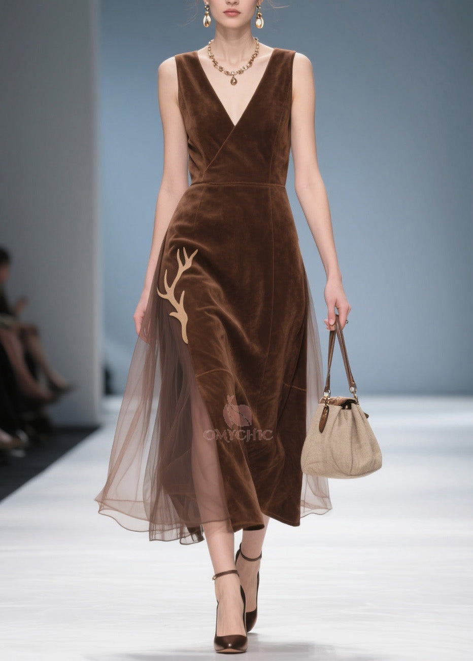 Deep V-Neck Wrap Sleeveless Velvet Antler Applique Tulle Side Panel Midi Dress