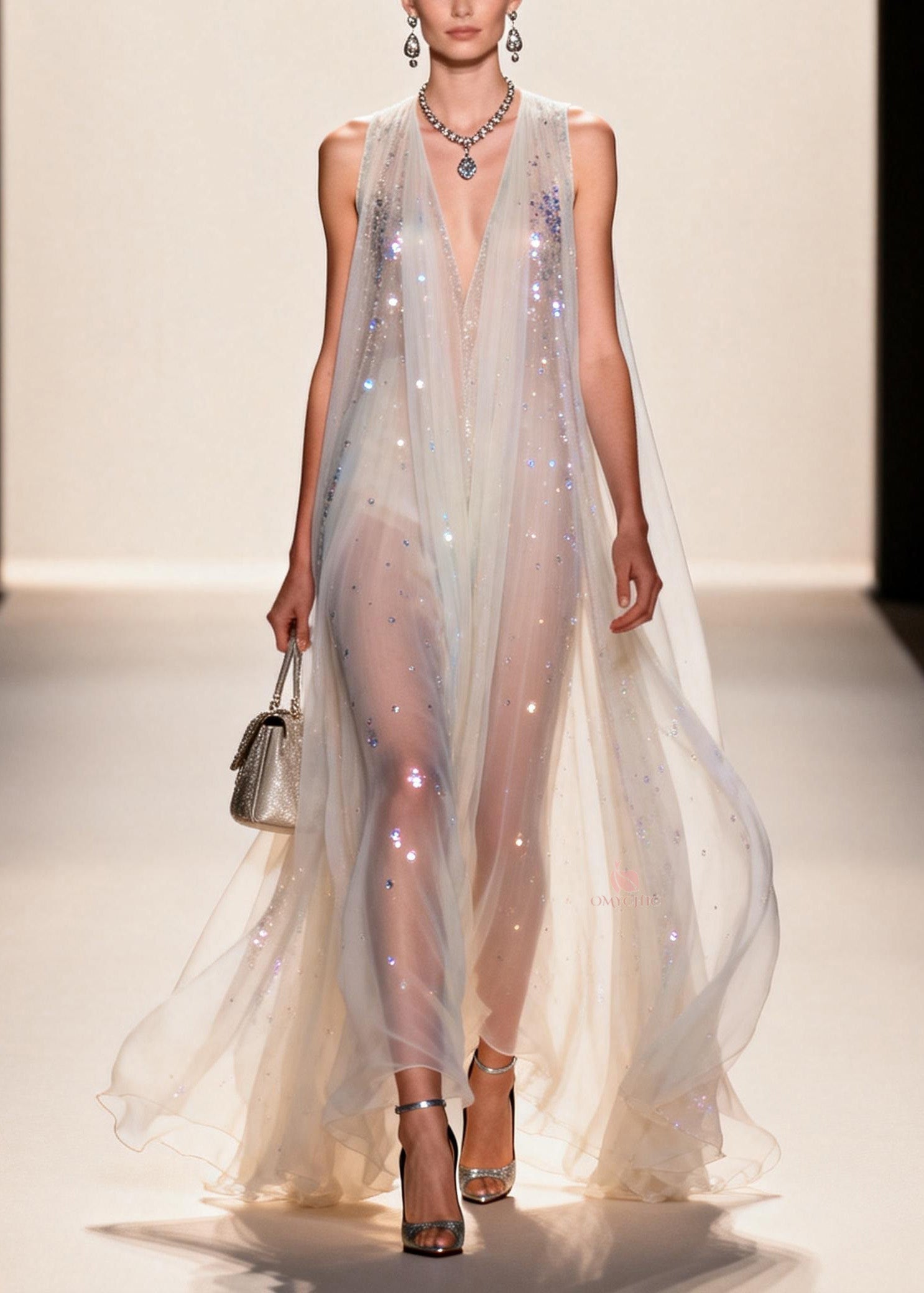 Sequin Mesh Deep V-Neck Sleeveless Sheer A-Line Maxi Gown