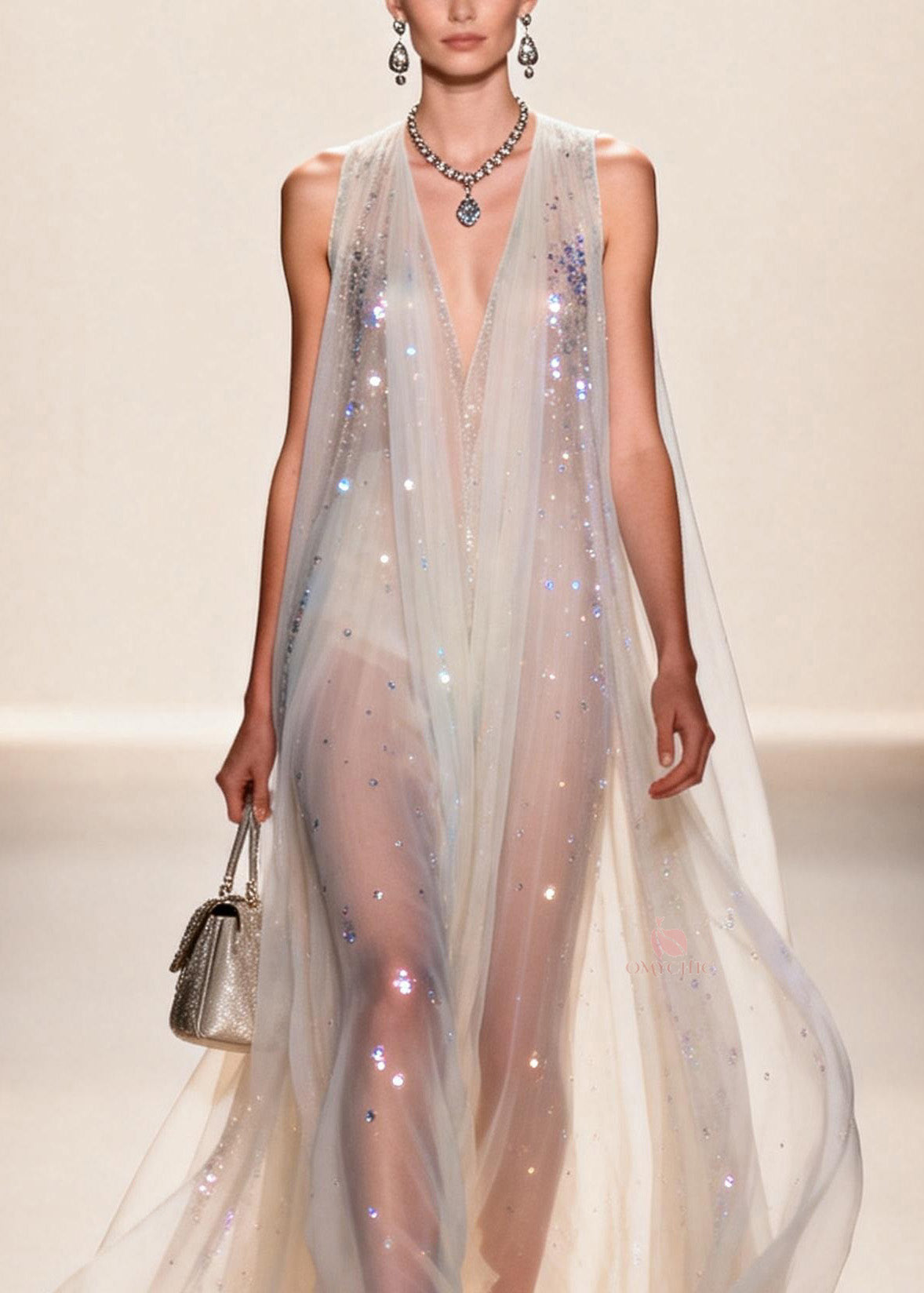 Sequin Mesh Deep V-Neck Sleeveless Sheer A-Line Maxi Gown