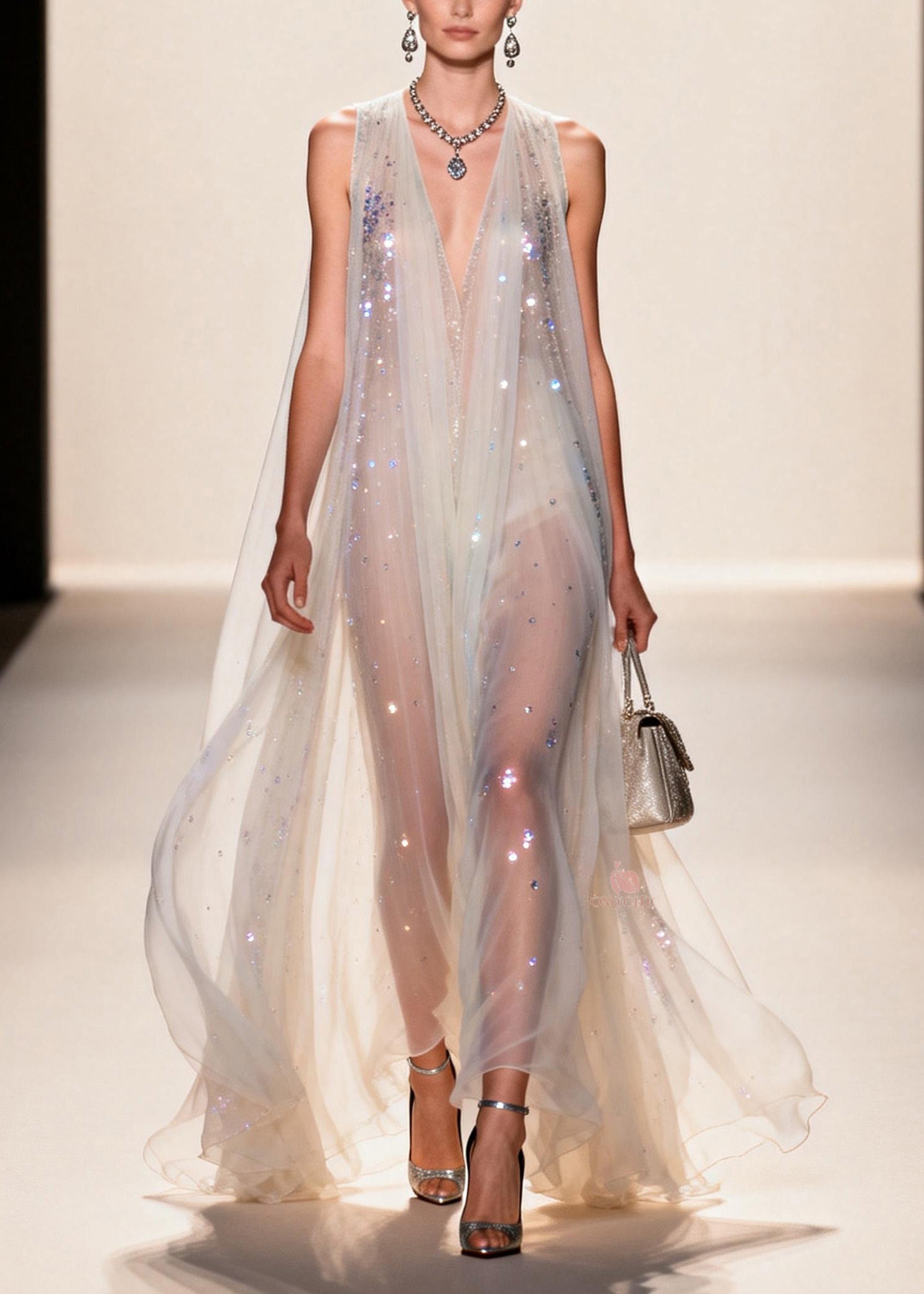 Sequin Mesh Deep V-Neck Sleeveless Sheer A-Line Maxi Gown
