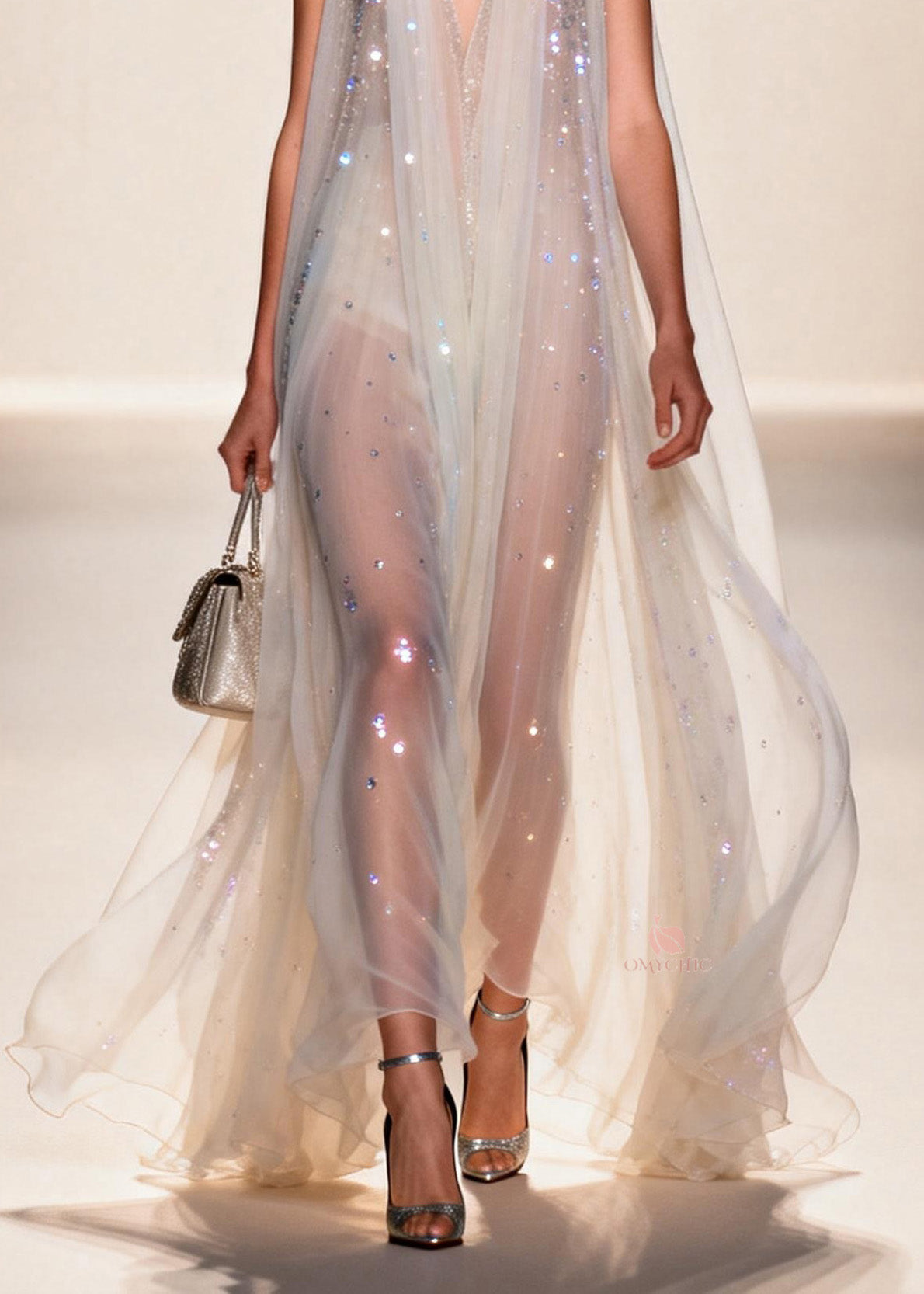 Sequin Mesh Deep V-Neck Sleeveless Sheer A-Line Maxi Gown