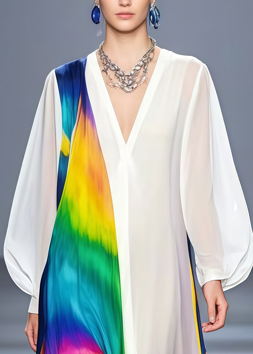 Tie Dye Deep V-Neck Puff Sleeve Chiffon High Split Maxi Dress