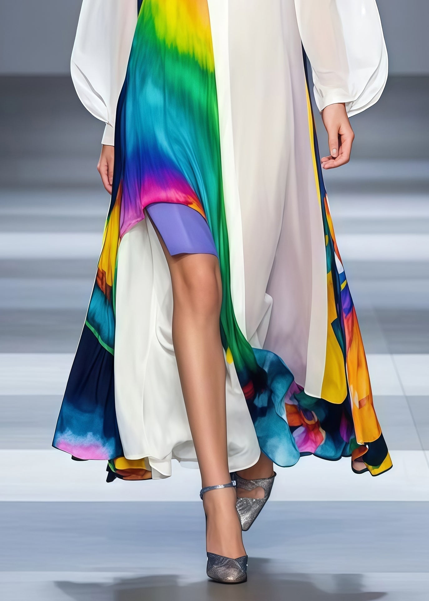 Tie Dye Deep V-Neck Puff Sleeve Chiffon High Split Maxi Dress