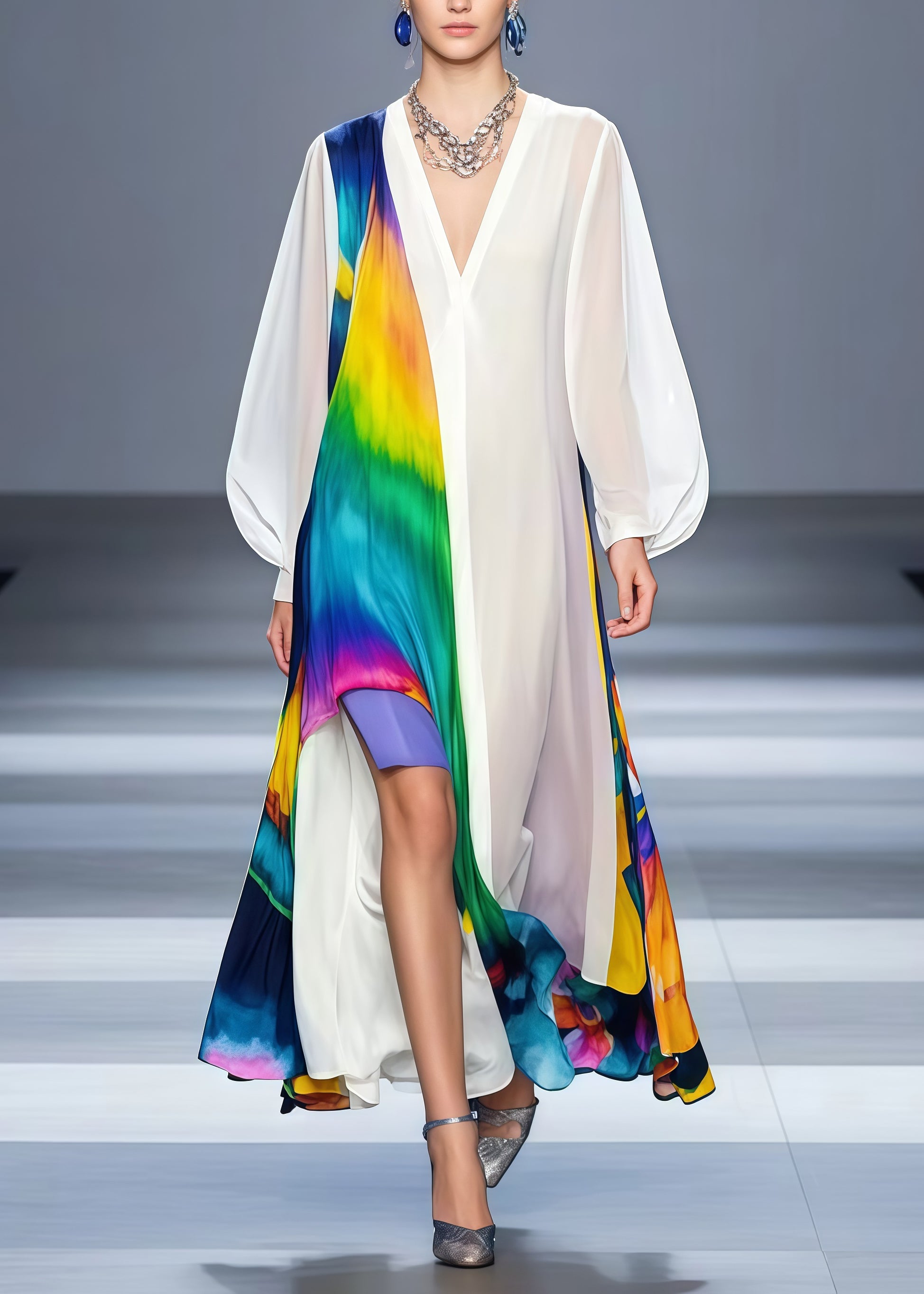Tie Dye Deep V-Neck Puff Sleeve Chiffon High Split Maxi Dress